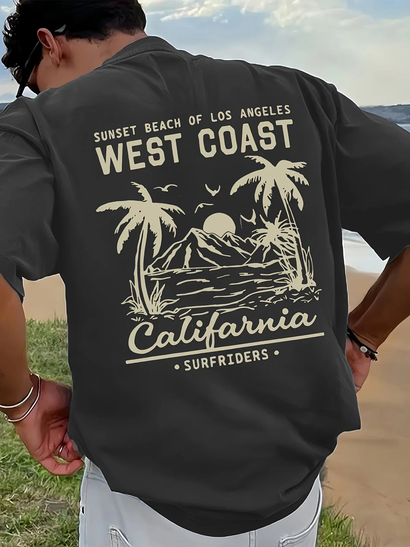 Men's 100% pure cotton casual loose retro California beach surfing pattern printed round neck short sleeved T-shirt top