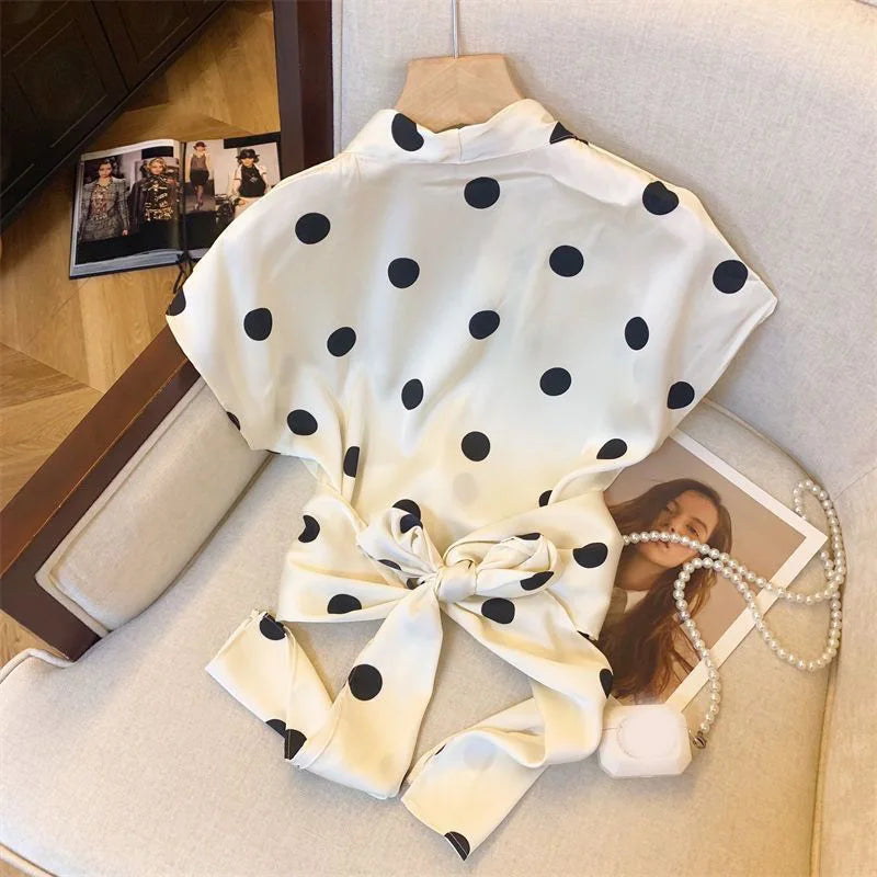 Sexy Cropped Dot Shirt Women Vintage Slim V Neck Short Sleeve Design Blouse French Retro Casual Bow Lace Up Summer Elegant Tops
