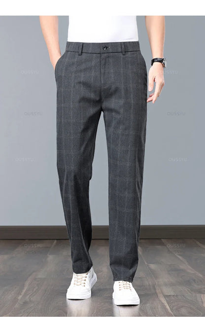 Summer High-Quality Classics Plaid Work Stretch Thin Pants Men Business Fashion Grey Black Party Casual Formal Trousers Male 38