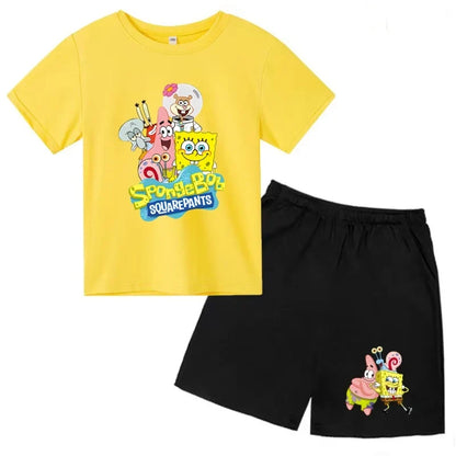 Kids Summer Anime SpongeBob SquarePants Fashion T-shirt 3-12 Years Boys Girls Toddler Short-sleeved+Shorts Casual Sportswear Set