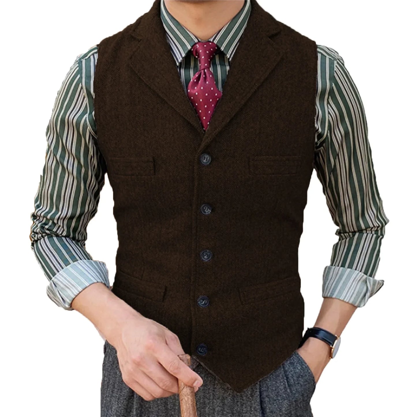 Men's  Vest Slim Fit Suits Vest Herringbone Tweed Notch Lapel Wool Business Casual Waistcoat Grossmen For Wedding