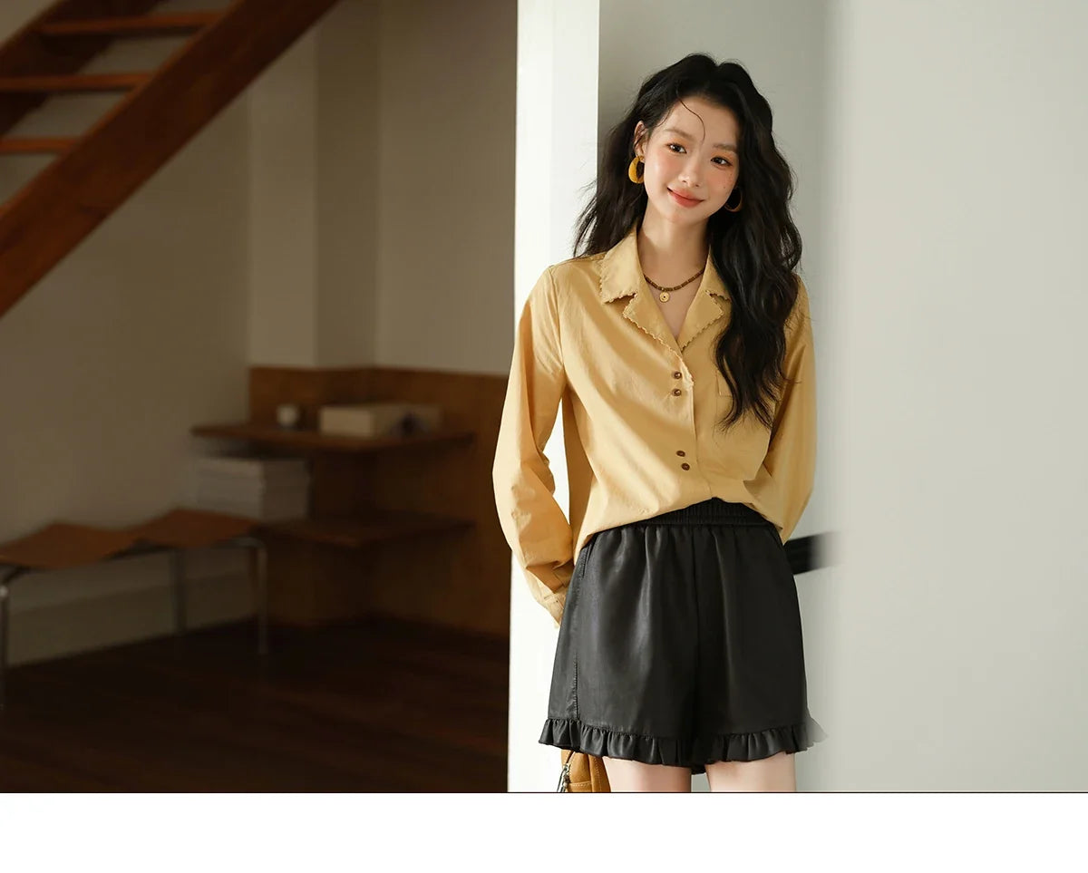 Women's Retro Yellow Lapel Cotton Shirt 2025 Autumn Loose Casual Top Contrasting Button with Pocket Shirts MXE41C2356