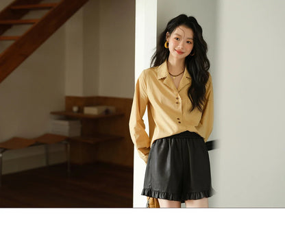 Women's Retro Yellow Lapel Cotton Shirt 2025 Autumn Loose Casual Top Contrasting Button with Pocket Shirts MXE41C2356