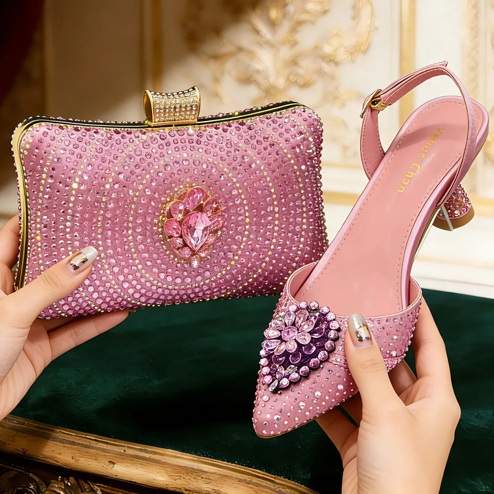 Blue Color Rhinestone Comfortable high heel shoe And Bag Fashion Style Pointed-Toe Shoes For Women Or Commuting Shoes