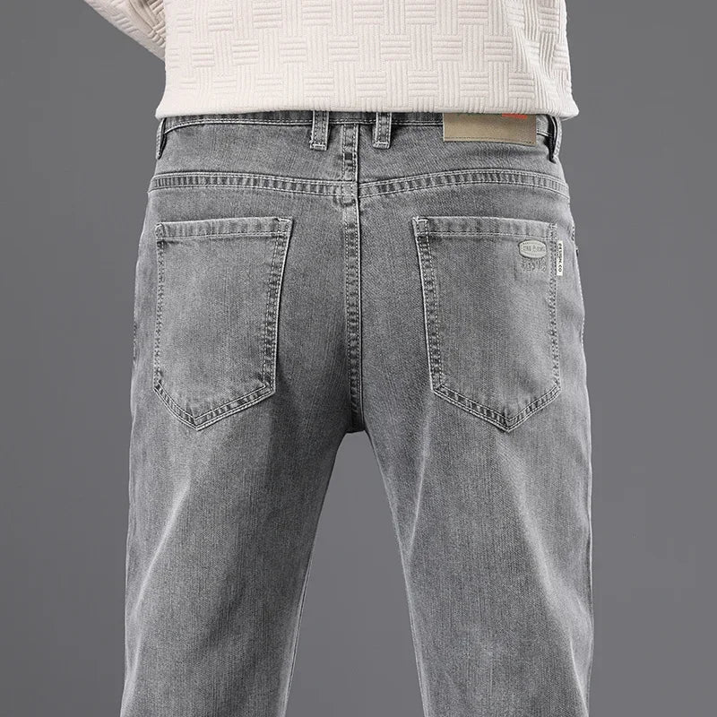 Classic Men Vintage Cloth High Waist Trousers 2024 Autumn Loose Straight Stretch Wash Jeans High Quality Sky Blue Brand Pants