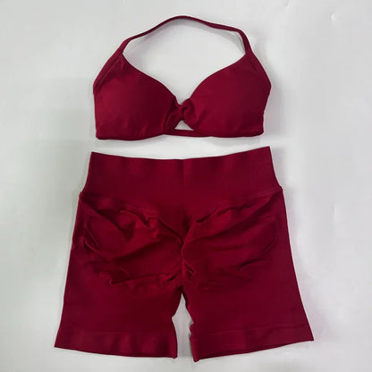 NO LOGO 2PCS Gym Set Women Strappy Yoga Bra Top High Waist Workout Scrunch Shorts Sports Suit Seamless Yoga Set Fitness Clothes