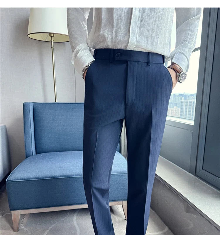 Spring Autumn New Elastic Waist Casual Trousers Male High Waist Dark Striped Slim Fit Pants Men Business Formal Casual Suit Pant