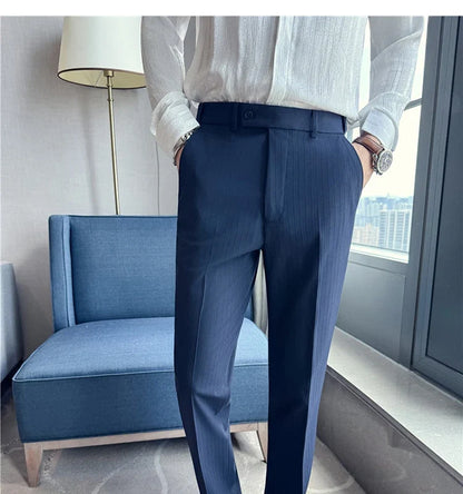 Spring Autumn New Elastic Waist Casual Trousers Male High Waist Dark Striped Slim Fit Pants Men Business Formal Casual Suit Pant