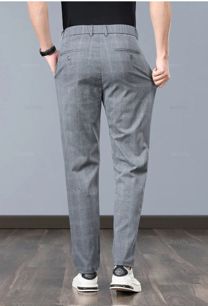 Summer High-Quality Classics Plaid Work Stretch Thin Pants Men Business Fashion Grey Black Party Casual Formal Trousers Male 38