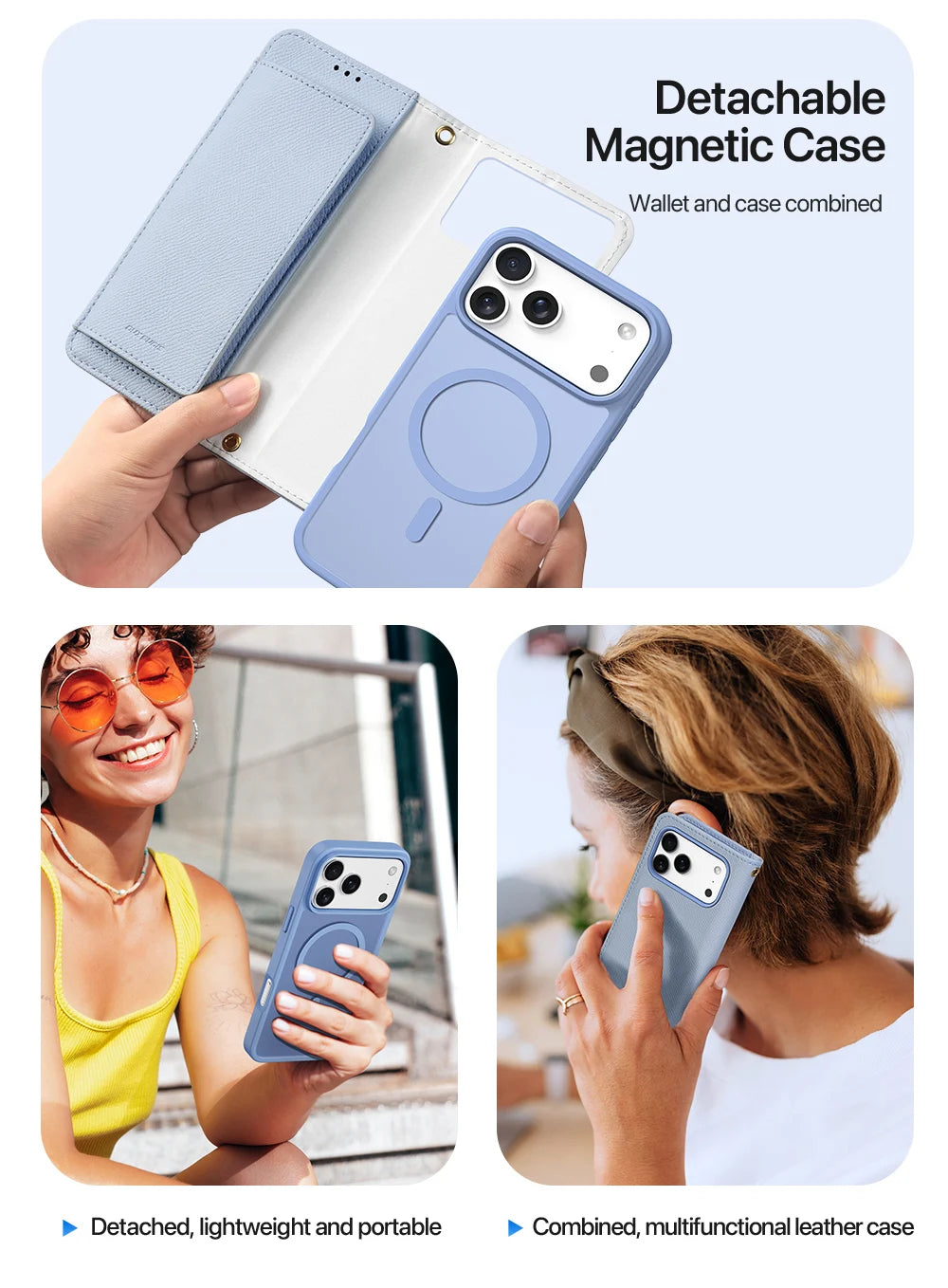 2in1 Magnetic Detachable Wallet Folio Case for iPhone 17 Pro Max/17 Air/16plus 15Leather Cover with Card Slots & Clasp