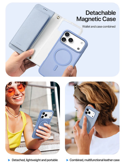 2in1 Magnetic Detachable Wallet Folio Case for iPhone 17 Pro Max/17 Air/16plus 15Leather Cover with Card Slots & Clasp