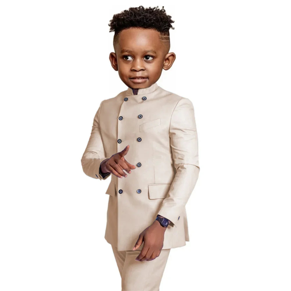 Stylish Elegant Boys Stand-up Collar Suits 2 Pieces Jacket Pants Formal Party Wear Double Breasted Kids Suit Set 2-20T