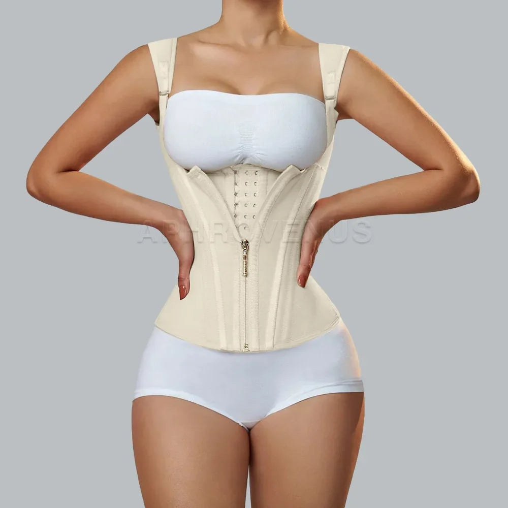 Fajas Colombianas Women Double Compression Waist Trainer Corset with Bone Adjustable Zipper and Hook-eyes Flat Belly Body Shaper