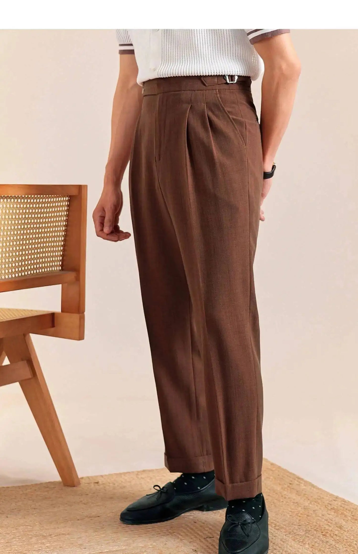 2025 New Italian Style Double Pleated Neapolitan Mens Formal Pants Casual Business Straight Leg High Waist Office Trousers Men