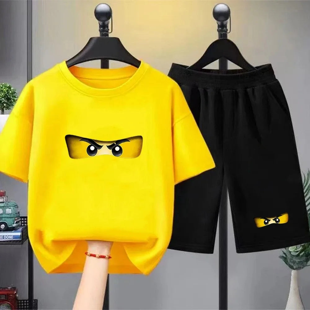 Summer T-Shirt Boyand Girls red Casual TShirt+Shorts Sets ninja Printed Kids Outfits Teen Children's Short Sleeve Tops