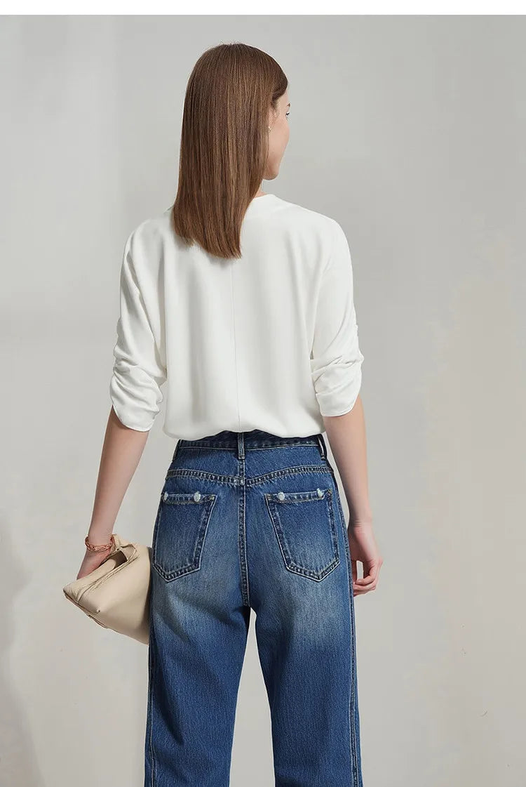 Women's Blouse 2026 Summer New V-Neck Asymmetric Pleated Mid Sleeve Shirt Relaxed Fit Office Casual Top For Women 12622117