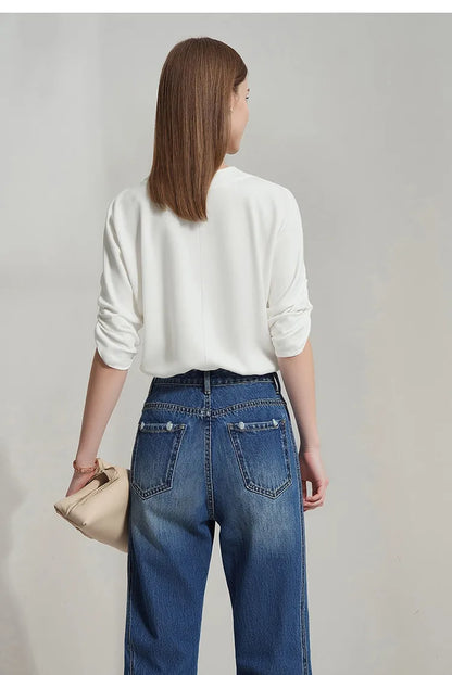 Women's Blouse 2026 Summer New V-Neck Asymmetric Pleated Mid Sleeve Shirt Relaxed Fit Office Casual Top For Women 12622117