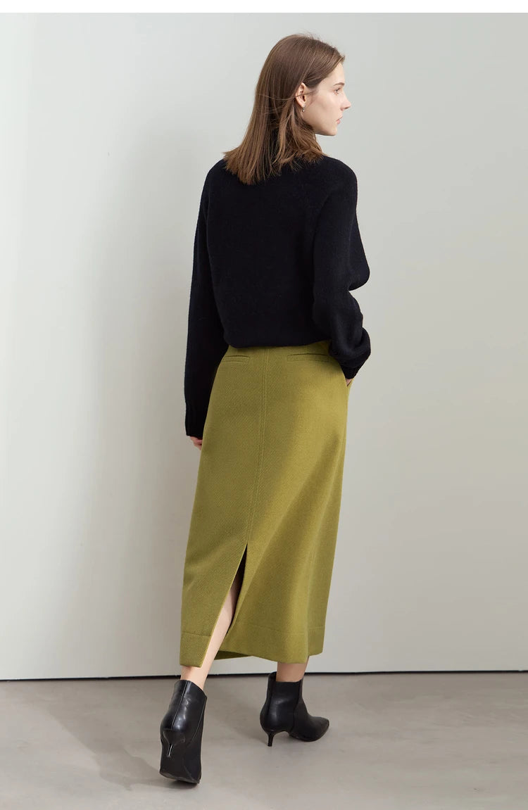 Minimalism Women's Elegant Commuter Skirts with Velvet Belt 2024 Winter Twill Fabric Warm Slit Straight Midi Skirt 12444183