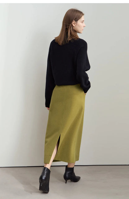 Minimalism Women's Elegant Commuter Skirts with Velvet Belt 2024 Winter Twill Fabric Warm Slit Straight Midi Skirt 12444183