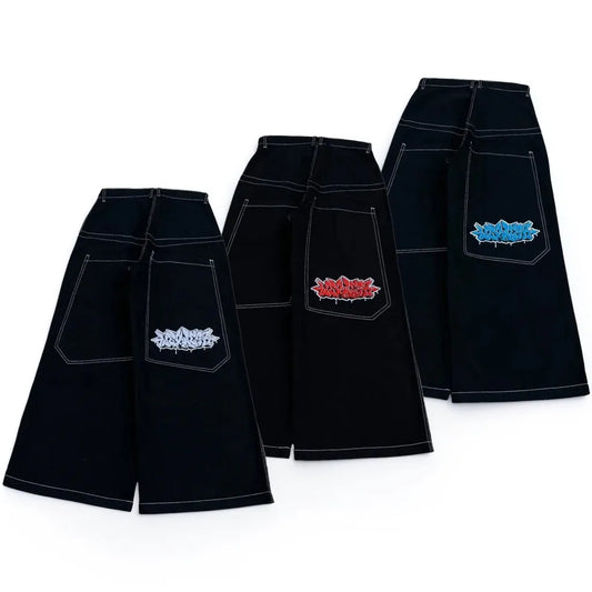Y2k Baggy New Wexwear Stripes Black Pants Embroidered Jeans Streetwear Men Harajuku Hip Hop Women High Waist Wide Trouser