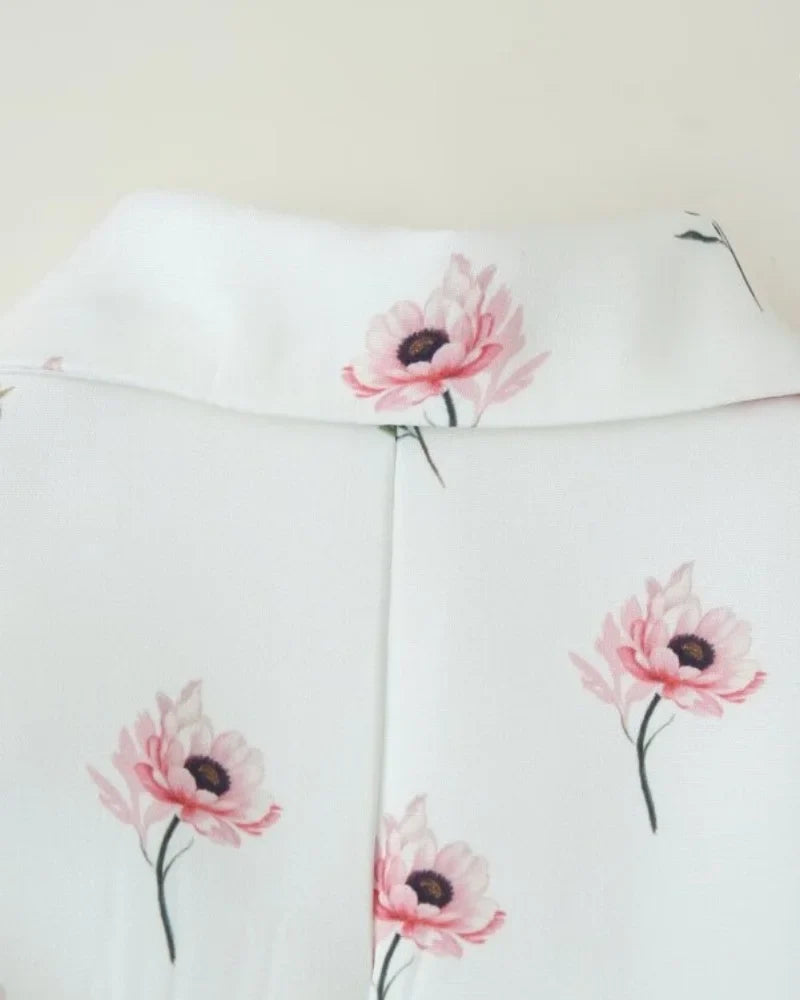 Women's Floral Print Blazer, White Pink Flower Casual Suit Jacket, Notch Lapel Loose Outwear with Tie Waist, Spring Daily Wear