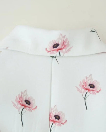 Women's Floral Print Blazer, White Pink Flower Casual Suit Jacket, Notch Lapel Loose Outwear with Tie Waist, Spring Daily Wear