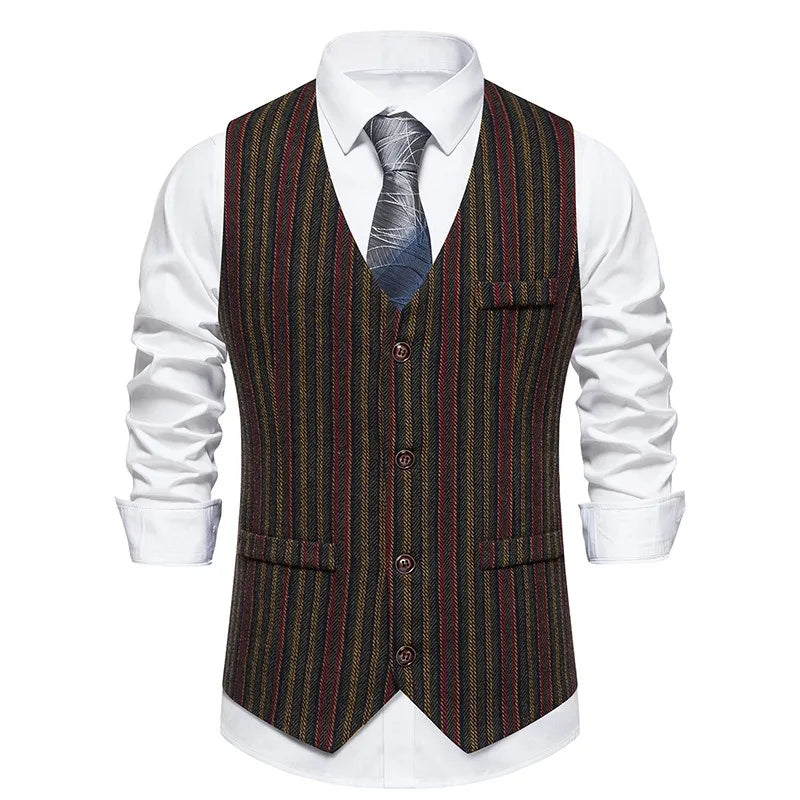 Men Waistcoat Autumn Vintage Striped Single-breasted Man Vest Slim Sleeveless Business Casual Versatile Male Suit Vest