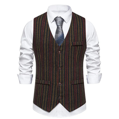Men Waistcoat Autumn Vintage Striped Single-breasted Man Vest Slim Sleeveless Business Casual Versatile Male Suit Vest
