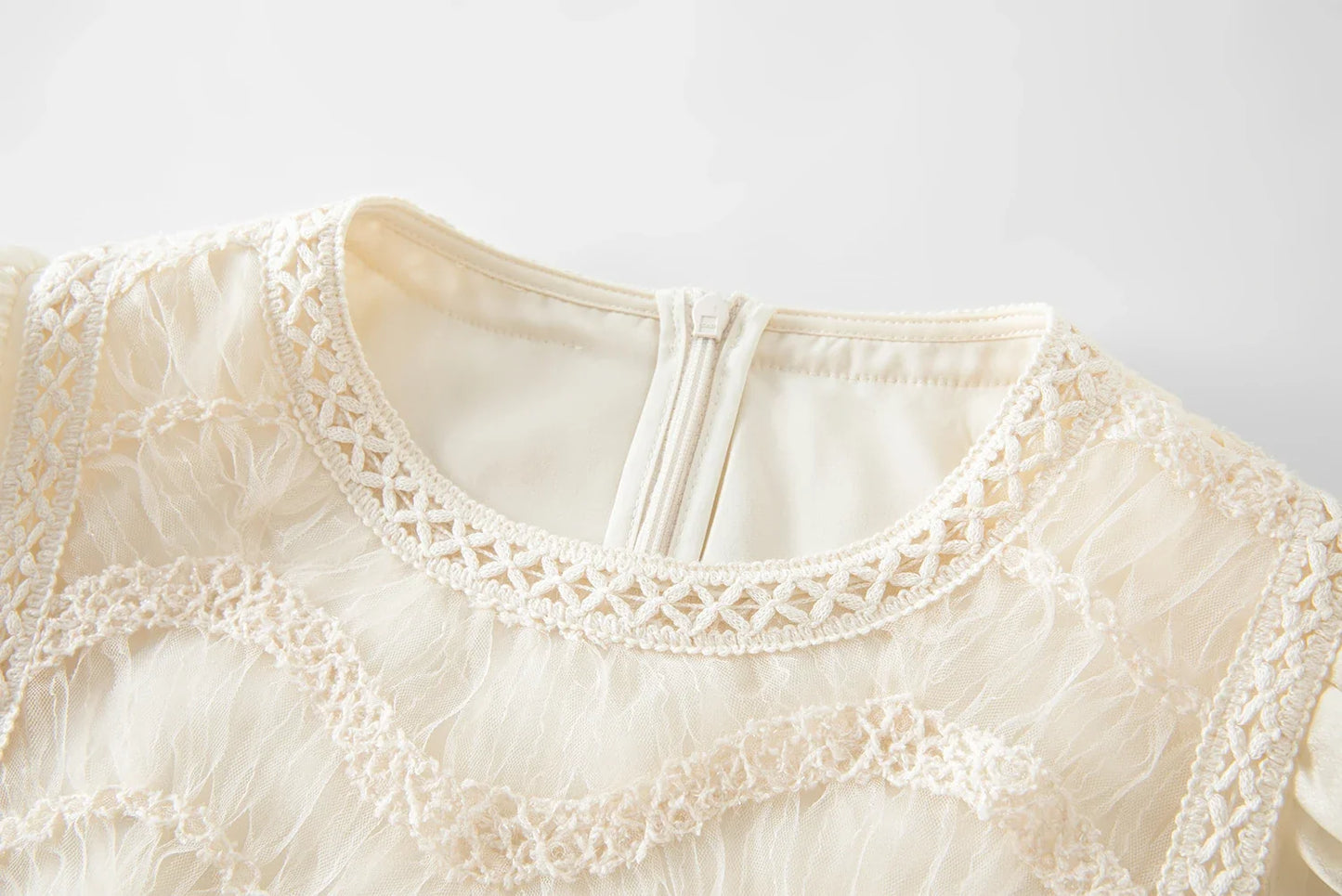 2025 Summer Women's Mesh Embroidery Dress Hollow Out Splicing Bubble Sleeves Waist Tie Y2K Trendy Boho Chic 25FS12832