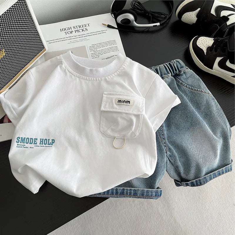New Summer Fashion Baby Boys Clothes Suit Children Flip Pocket T-shirt Denim Shorts 2Pcs/Set Toddler Clothing Kids Tracksuits