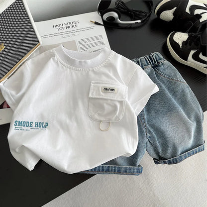 New Summer Fashion Baby Boys Clothes Suit Children Flip Pocket T-shirt Denim Shorts 2Pcs/Set Toddler Clothing Kids Tracksuits
