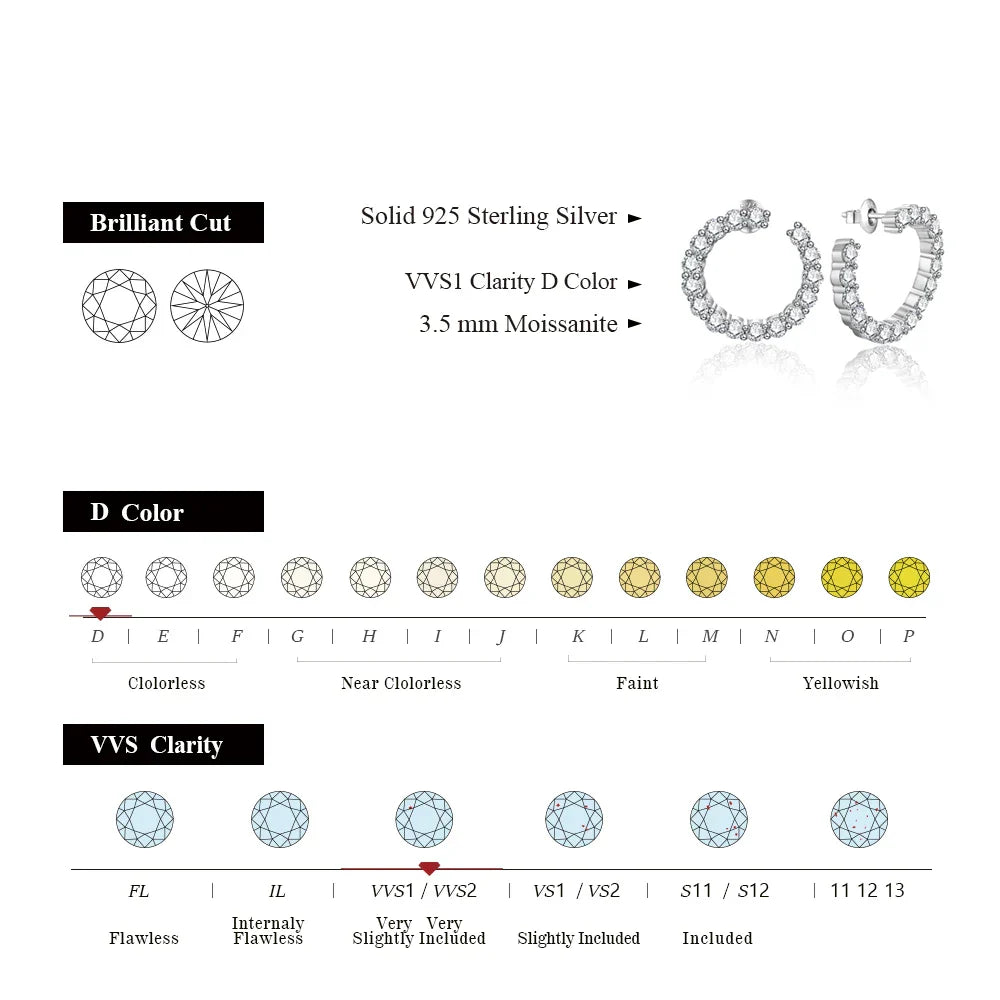 Moissanite Hool Earrings 925 Sterling Silver Passed the Diamond Test Wedding Earrings for Women Gift Fine Jewelry Band