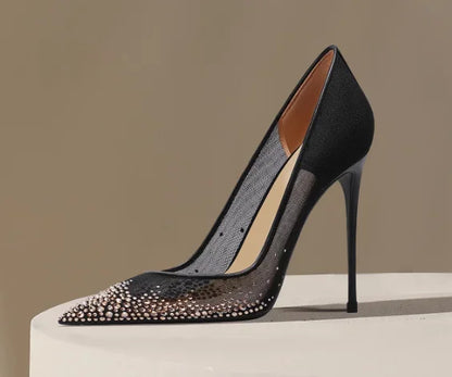 New Baotou sexy sandals with one buckle and summer mesh, rhinestone high heels for women, slim heels, shallow mouth