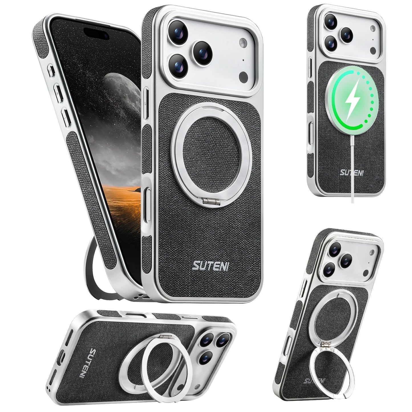 Faux Leather Magnet Wireless Charging Phone Case 360° Rotating Stand Ring Buckle Frosted Feel For iPhone 17 Pro Max 16 15
