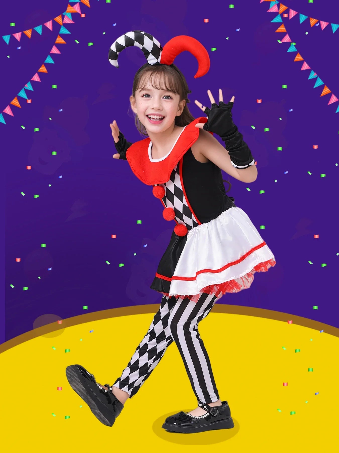 Girls Poker Pattern Jester Clown Cosplay Dress Outfit Kids Halloween Carnival Party Costume