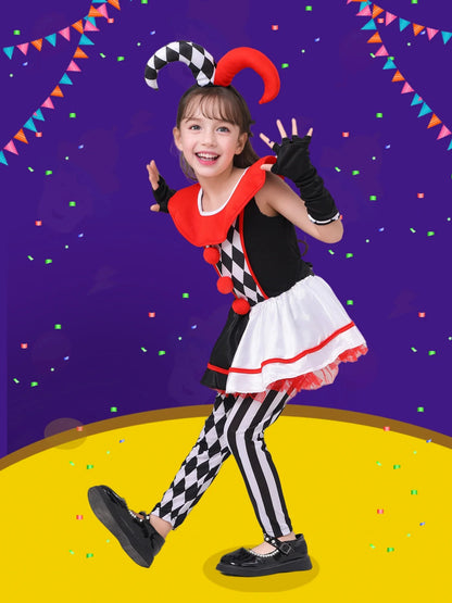 Girls Poker Pattern Jester Clown Cosplay Dress Outfit Kids Halloween Carnival Party Costume