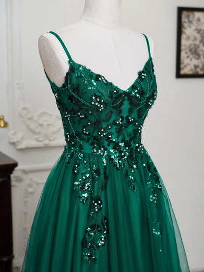 Sling Evening Dresses Sexy Spaghetti Straps V-Neck Illusion Sequins Appliques Prom Dress A-Line Train High Split Gowns