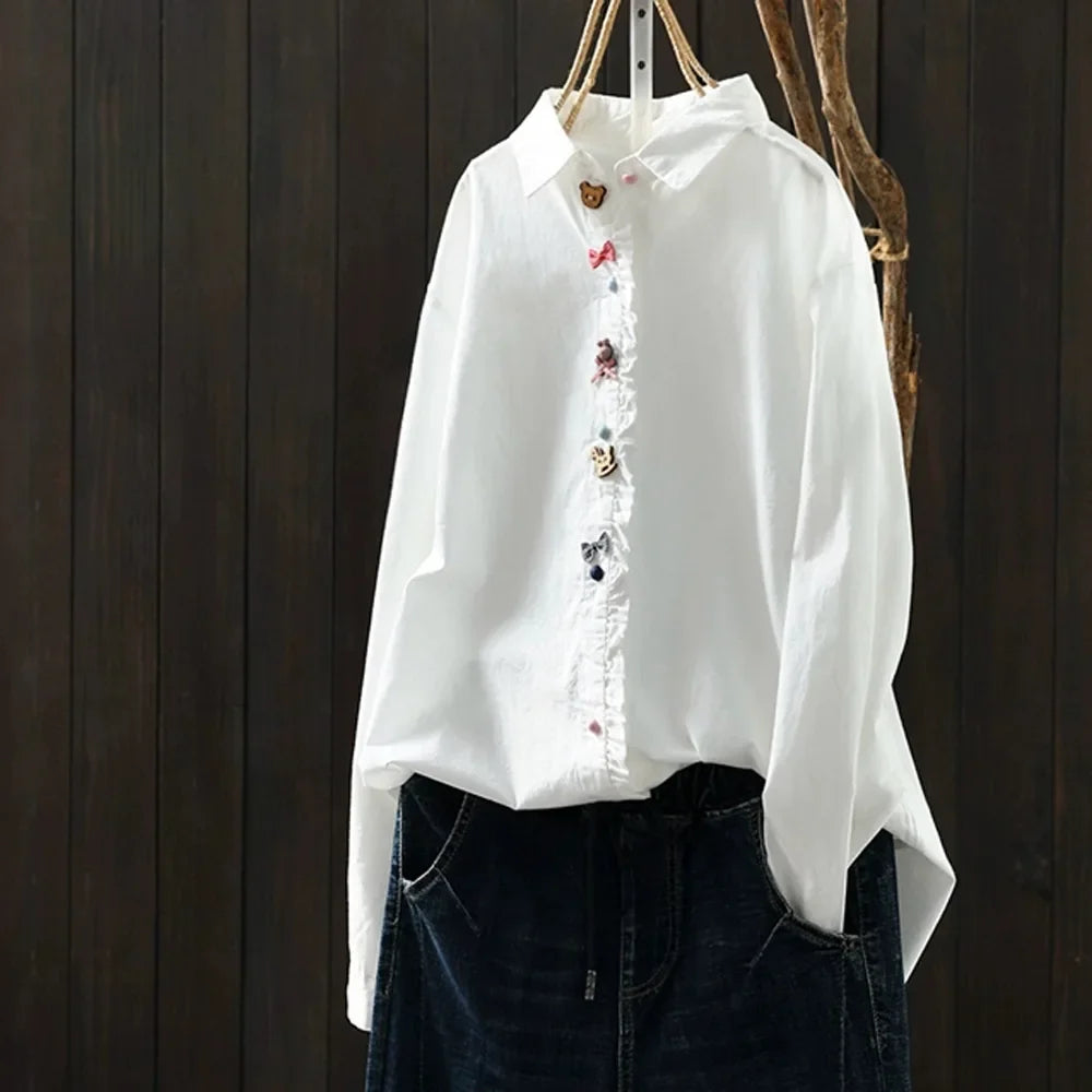 2026 Korean style clothes women spring cotton white polka dot print shirts long sleeve blouses Middle-aged women's clothing