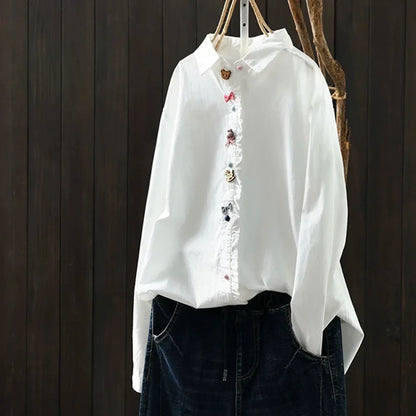2026 Korean style clothes women spring cotton white polka dot print shirts long sleeve blouses Middle-aged women's clothing