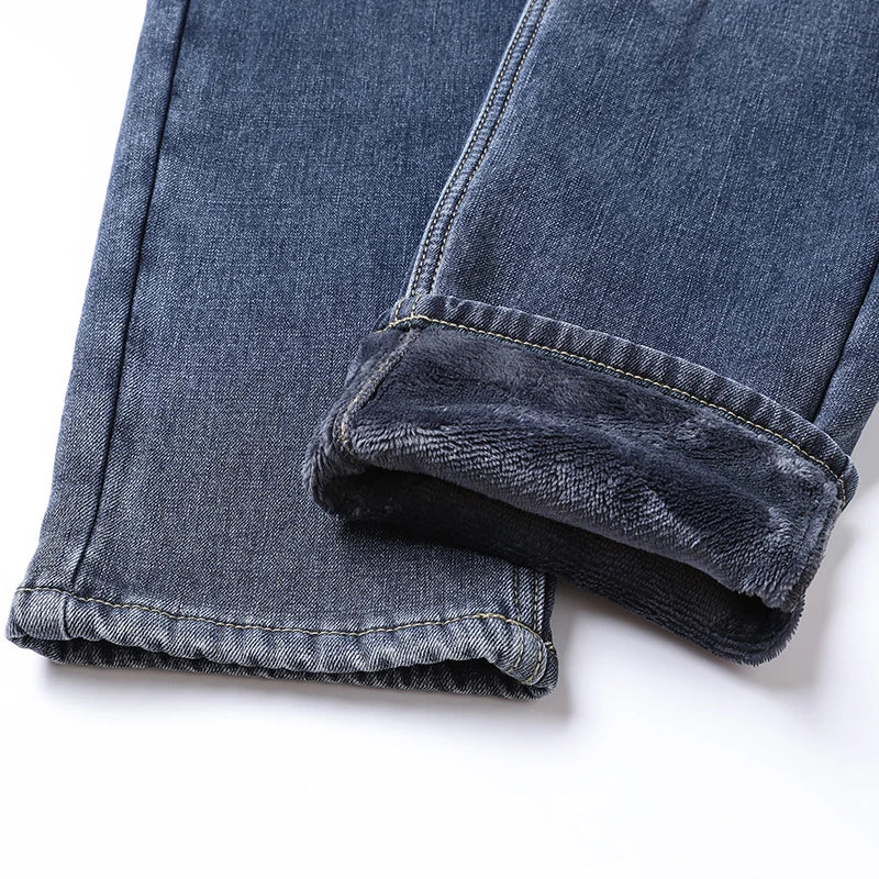 2025 Winter Fleece Jeans Men's Fashion Elastic Slim Straight Warm Trousers Thicken Business Casual Korean Thermal Denim Pants