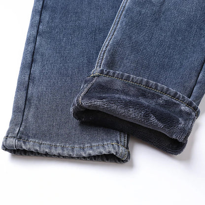 2025 Winter Fleece Jeans Men's Fashion Elastic Slim Straight Warm Trousers Thicken Business Casual Korean Thermal Denim Pants