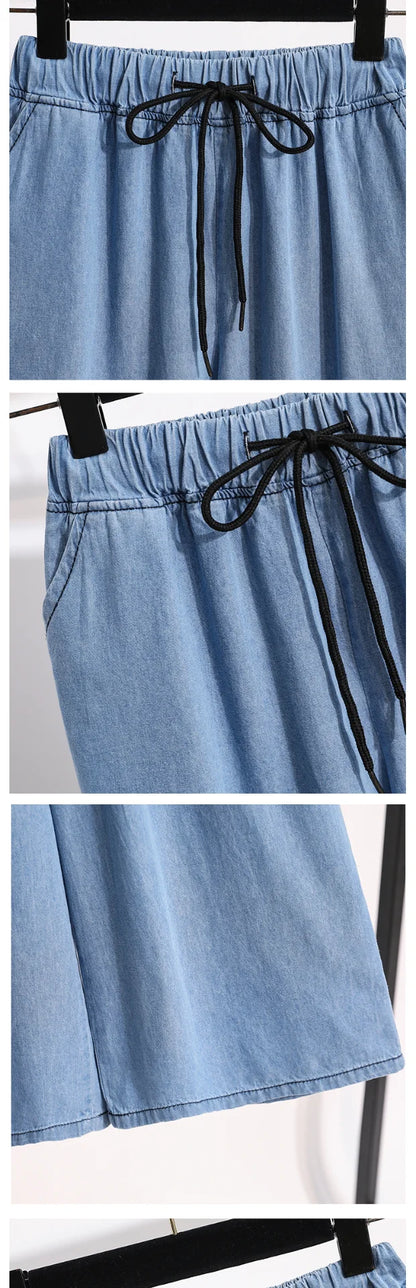 Loose Waist Dstring Denim Wide Leg Pants Women's plus Size Slimming Casual Straight Workwear Seven-Foot Pants Summer