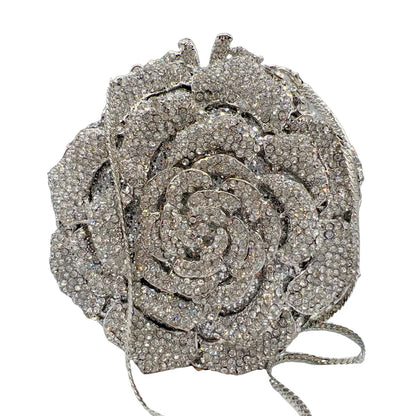 Luxury Rose Shape Diamond Rhinestone Clutch Bag Hollow Metal Banquet Wedding Handbag Women Evening Bag