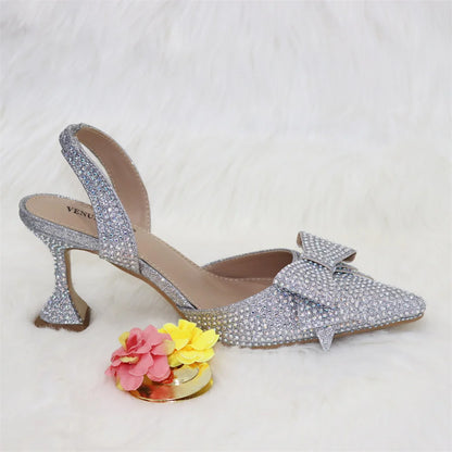 New Silver Simple And Comfortable Streamlined Pointed Shoes Fashionable And Versatile Party Ladies Shoes And Bag Set