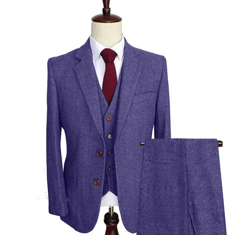 Men Suit 3 Pieces Army Green Tweed Formal Lapel Notch Regular Wedding Groom Banquet Work Tuxedos Set Jacket Vest With Pants