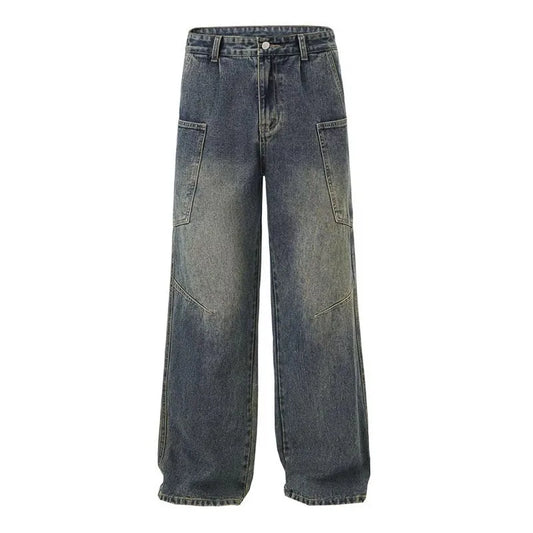 Korean Style Large Pocket Workwear Jeans Retro Blue Men'S Baggy Jeans Straight Leg Pants Casual Wide Leg Pants Casual Pants