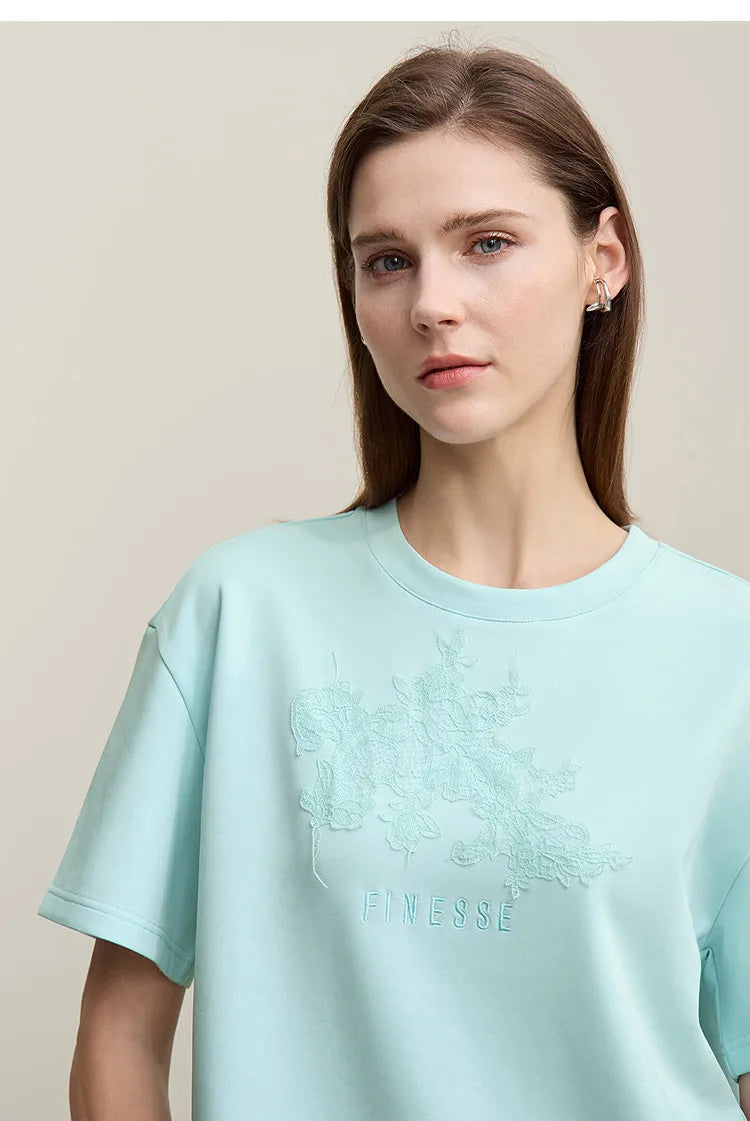 Women's T-Shirt 2026 Summer New Round Neck Drop Shoulder Cotton Tee Lace Embroidered Woman Loose Fit knit Tops 12622048
