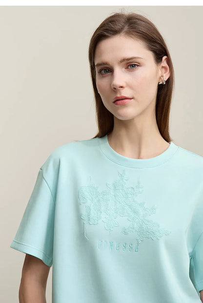 Women's T-Shirt 2026 Summer New Round Neck Drop Shoulder Cotton Tee Lace Embroidered Woman Loose Fit knit Tops 12622048