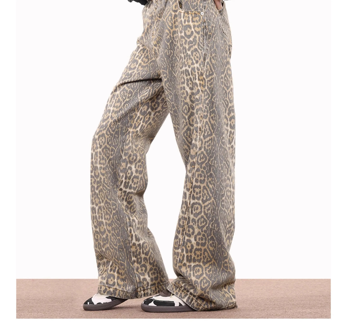American Style Leopard Wash Jeans Women Y2K Retro Street Hot Girl Loose Casual Pants High Waist Straight Leg Jeans