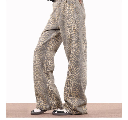 American Style Leopard Wash Jeans Women Y2K Retro Street Hot Girl Loose Casual Pants High Waist Straight Leg Jeans